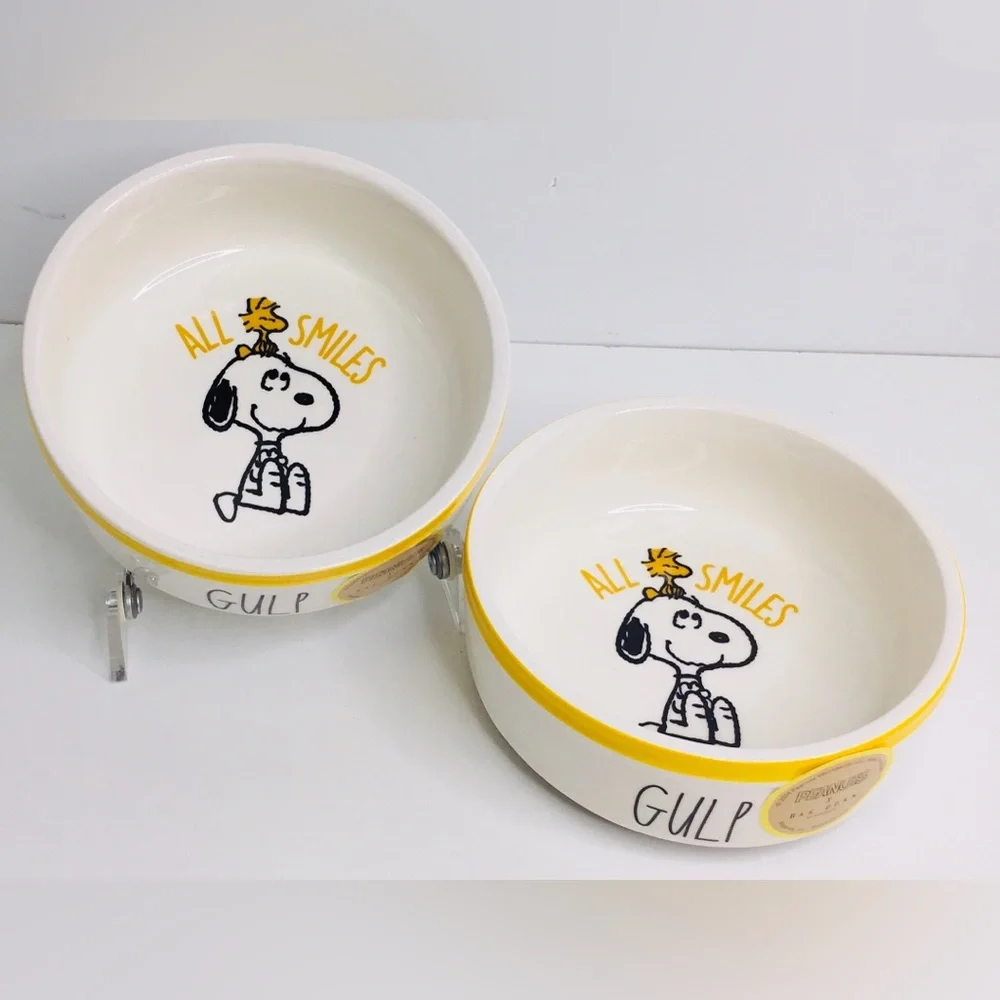 2 Rae Dunn Peanuts Snoopy GULP Woodstock Chow Dog Cat Dish Bowl Ceramic 5” New